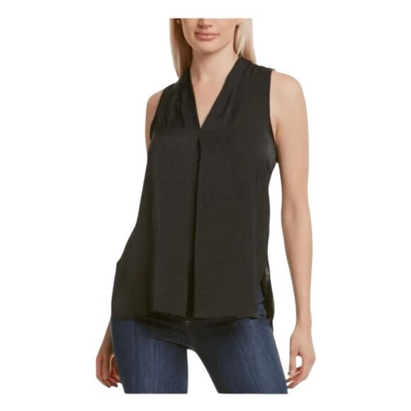 Vince Camuto Inverted-Pleat Blouse Black Flowy Sleeveless V-Neck S - Picture 1 of 8